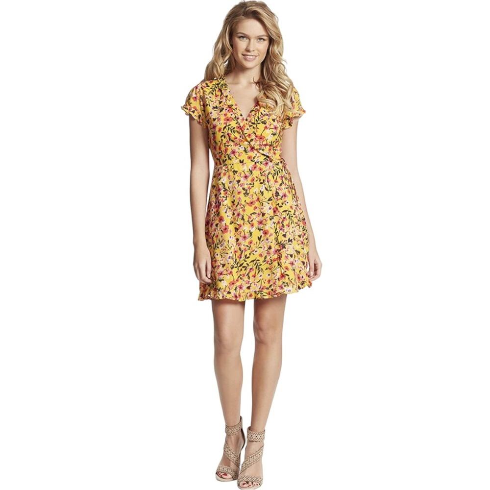 Jessica Simpson Dress Women's Size Large Wrap Golden Rod Colorful Floral Midi